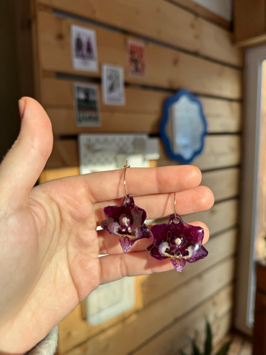 Mini dark purple orchid earrings