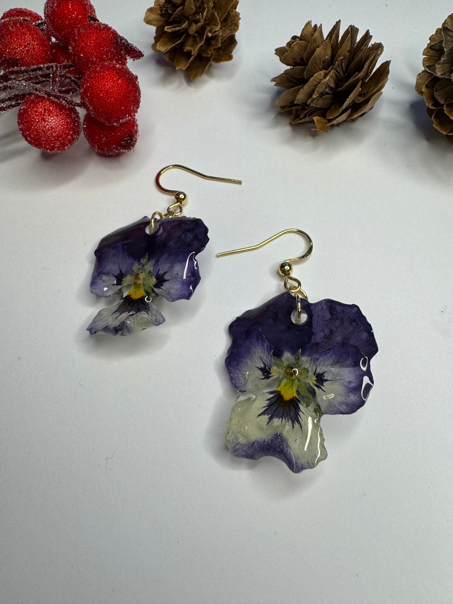 Real pansies earrings Preserved flower in resin Handmade gift for her Unique jewelry