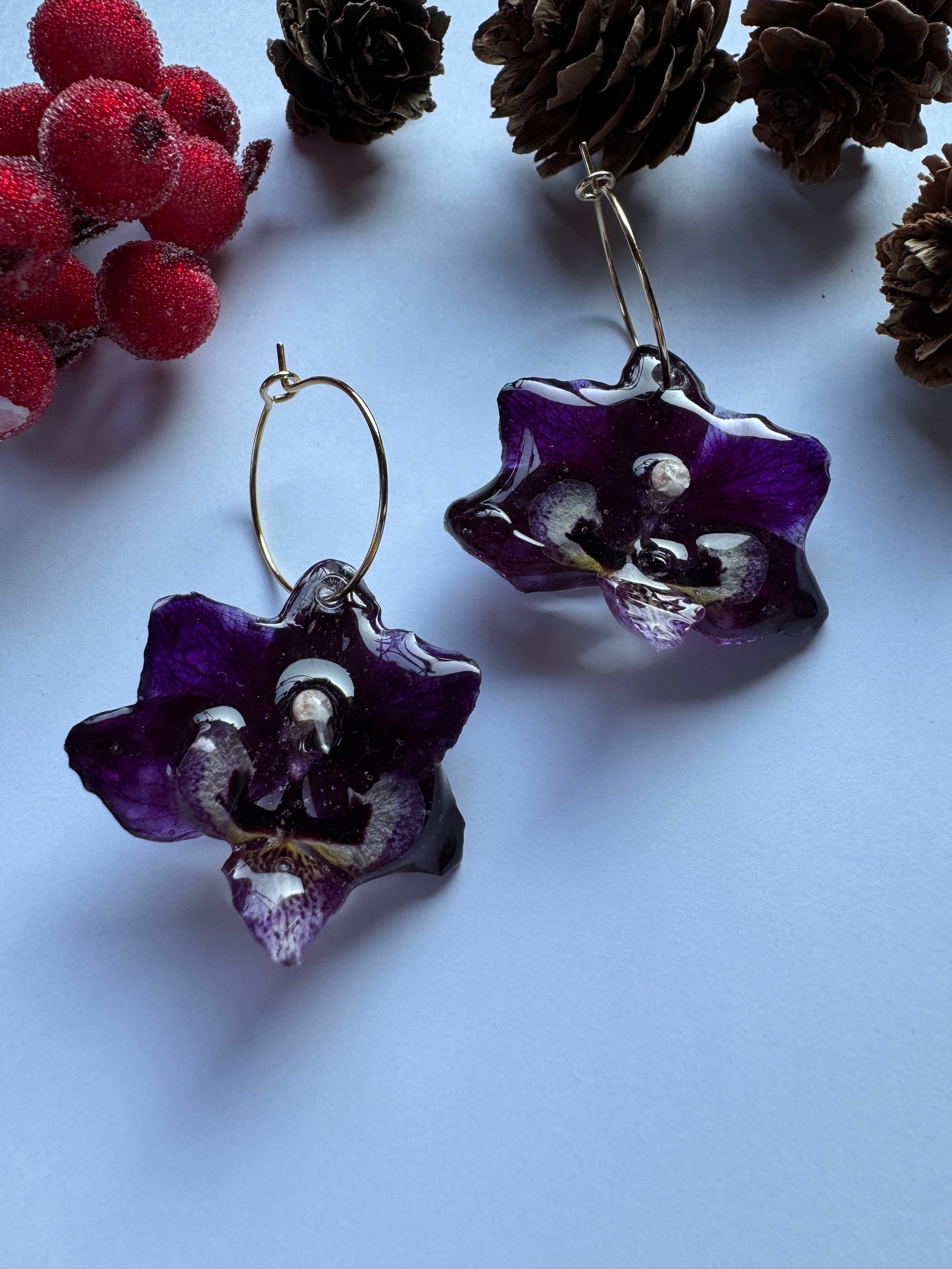 Mini dark purple orchid earrings