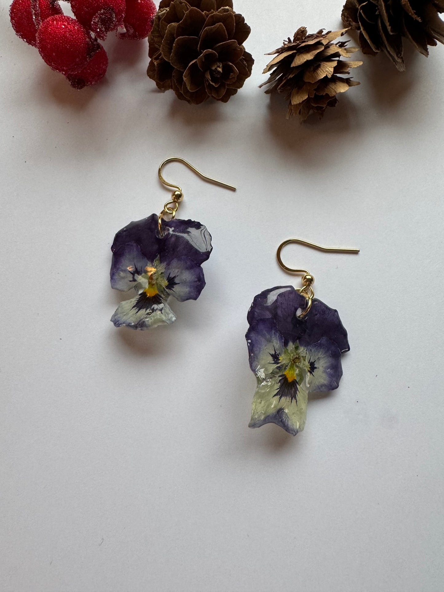 Real pansies earrings Preserved flower in resin Handmade gift for her Unique jewelry