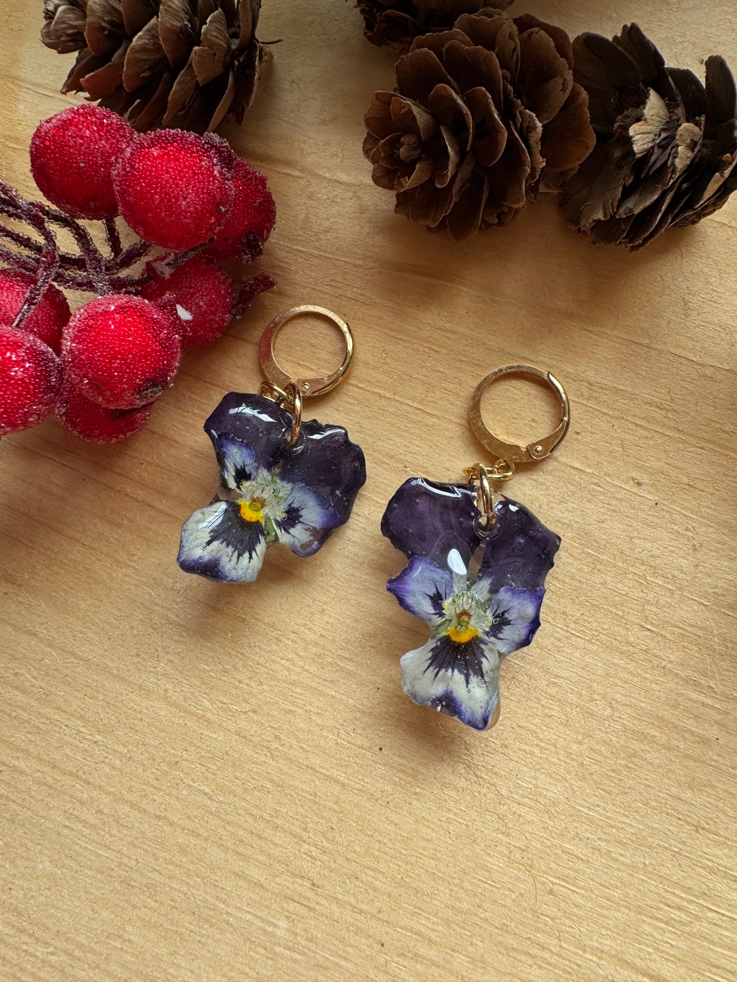 Mini real violets  earrings Pansies flower in resin Handmade gift for her Unique jewelry