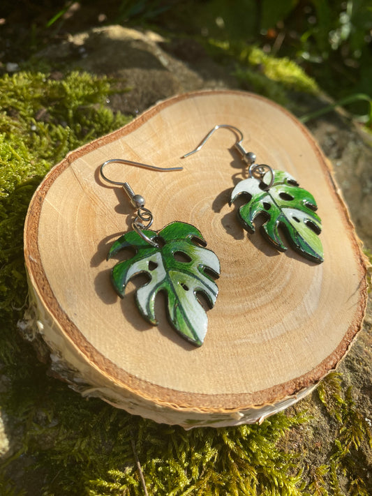 Monstera albo earrings Hand-painted on wood Cottagecore fashion