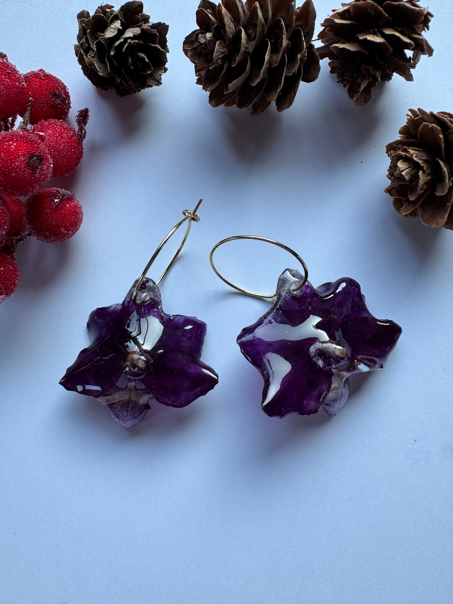 Mini dark purple orchid earrings