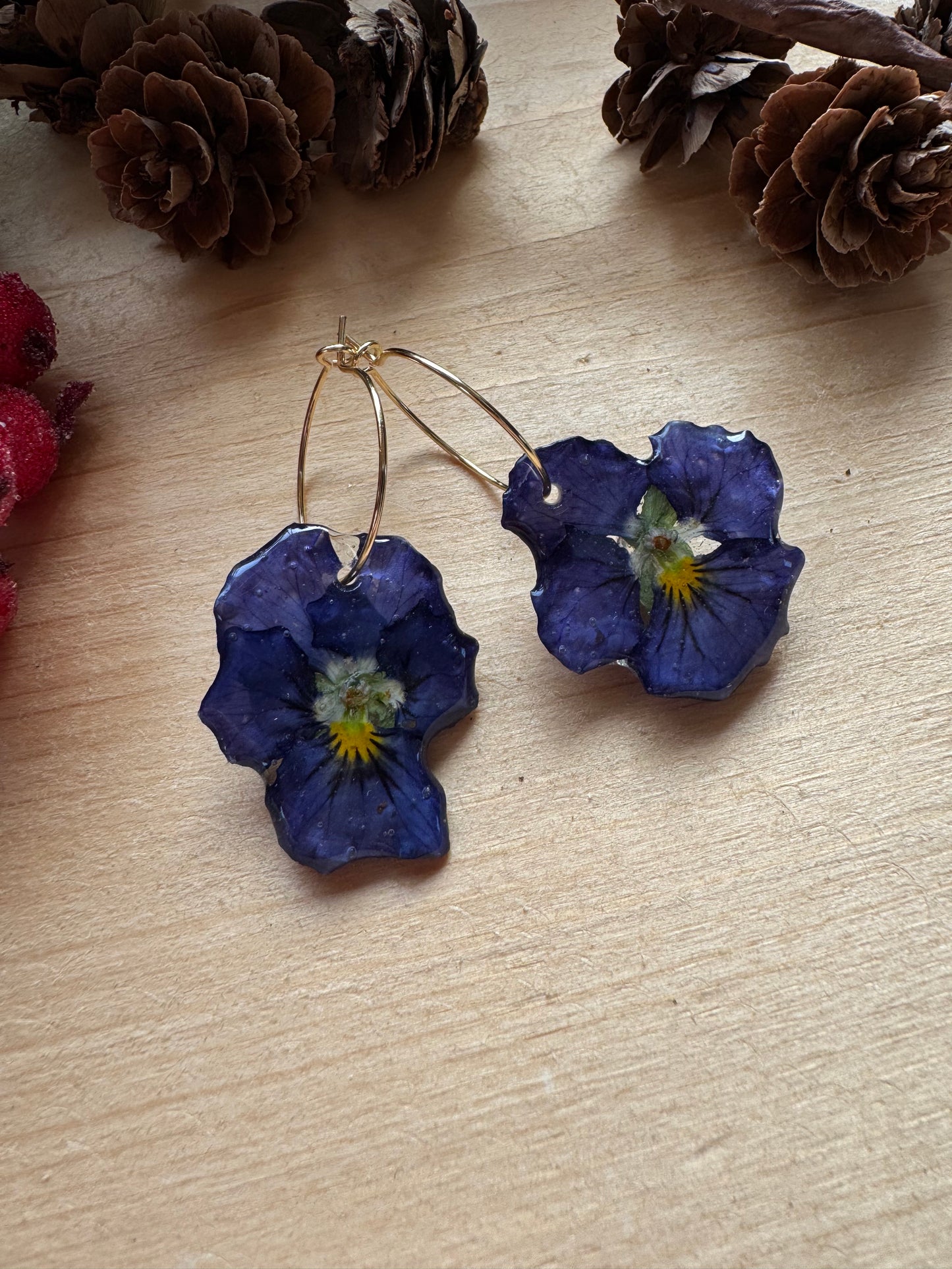 Blue pansies earrings Handmade jewelry Real violets in resin