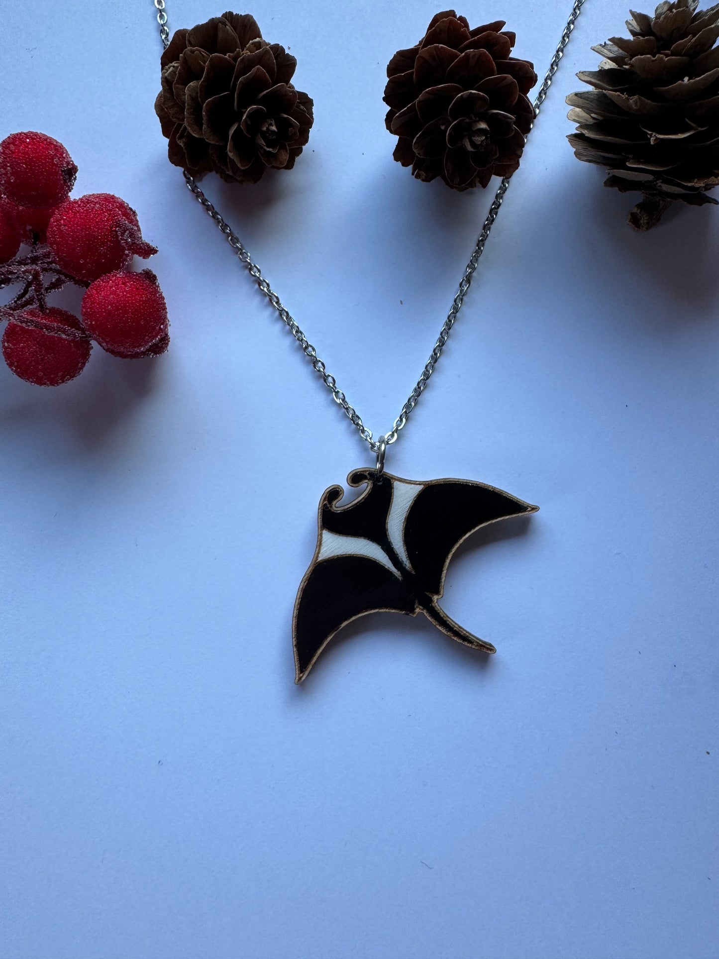 Manta ray necklace Animal jewelry Handmade gift for her Hand-painted on wood