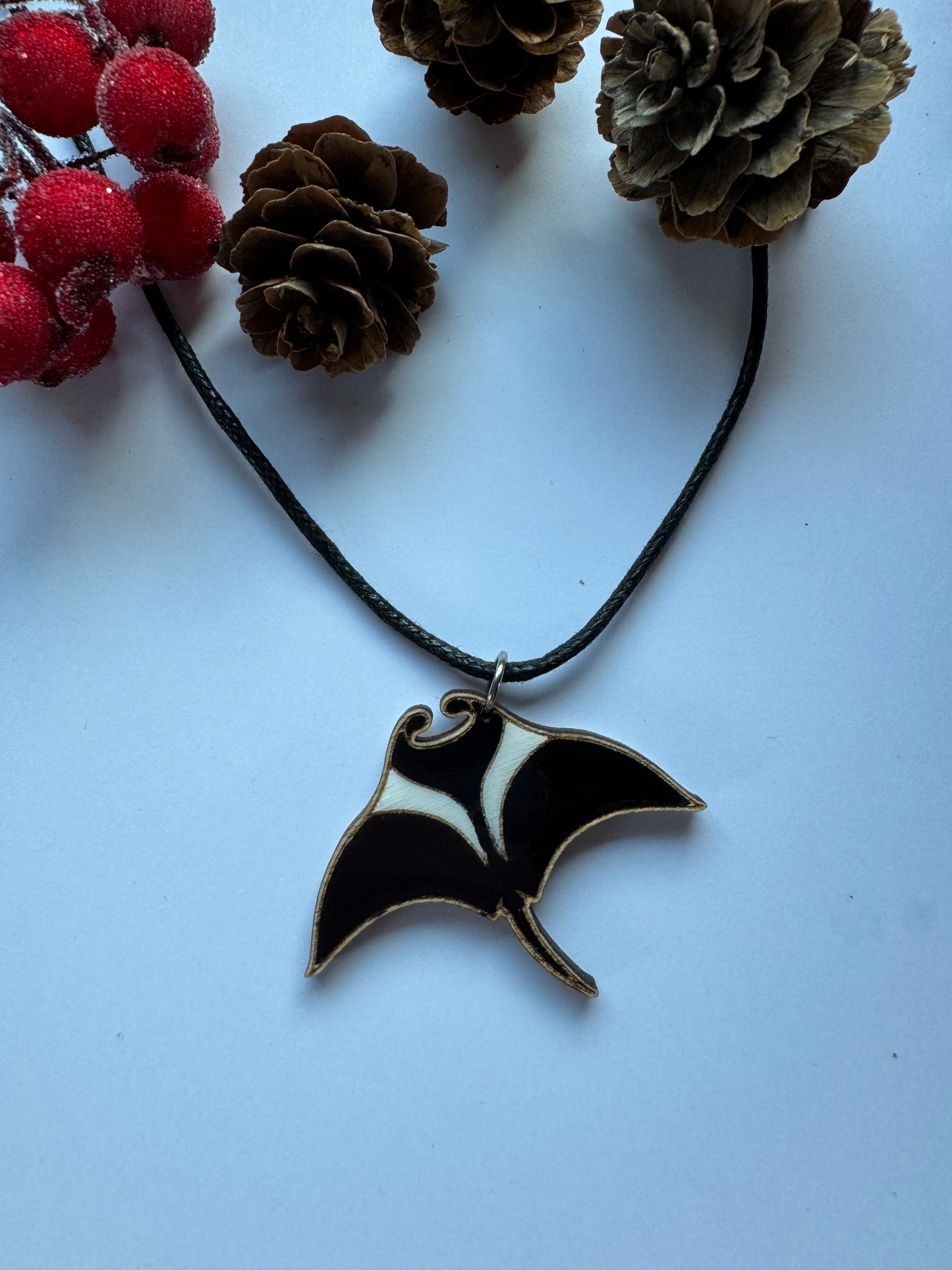 Manta ray necklace Animal jewelry Handmade gift for her Hand-painted on wood