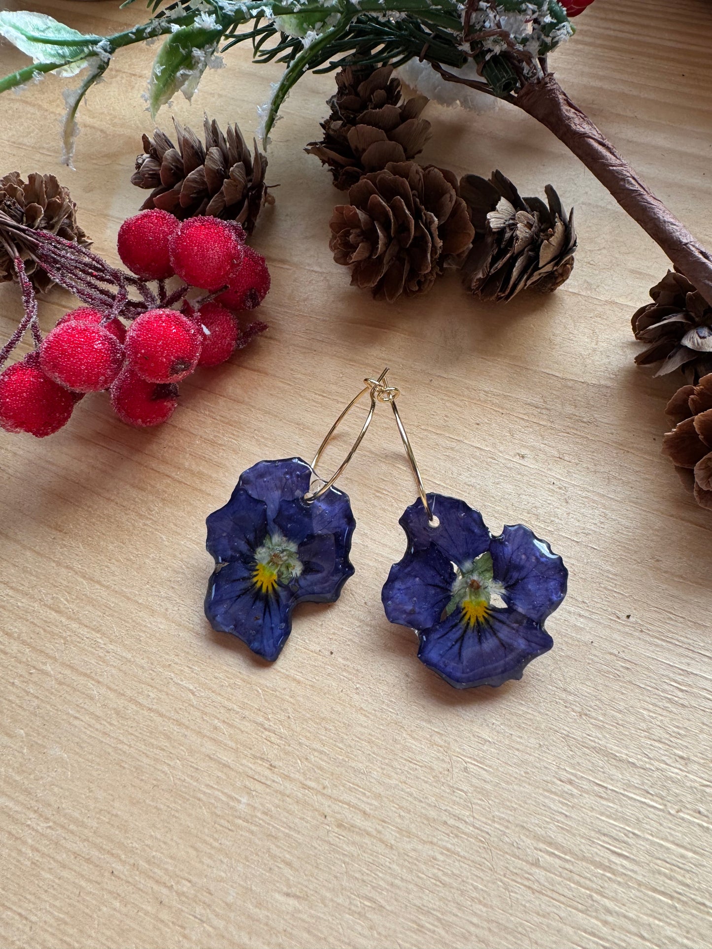 Blue pansies earrings Handmade jewelry Real violets in resin