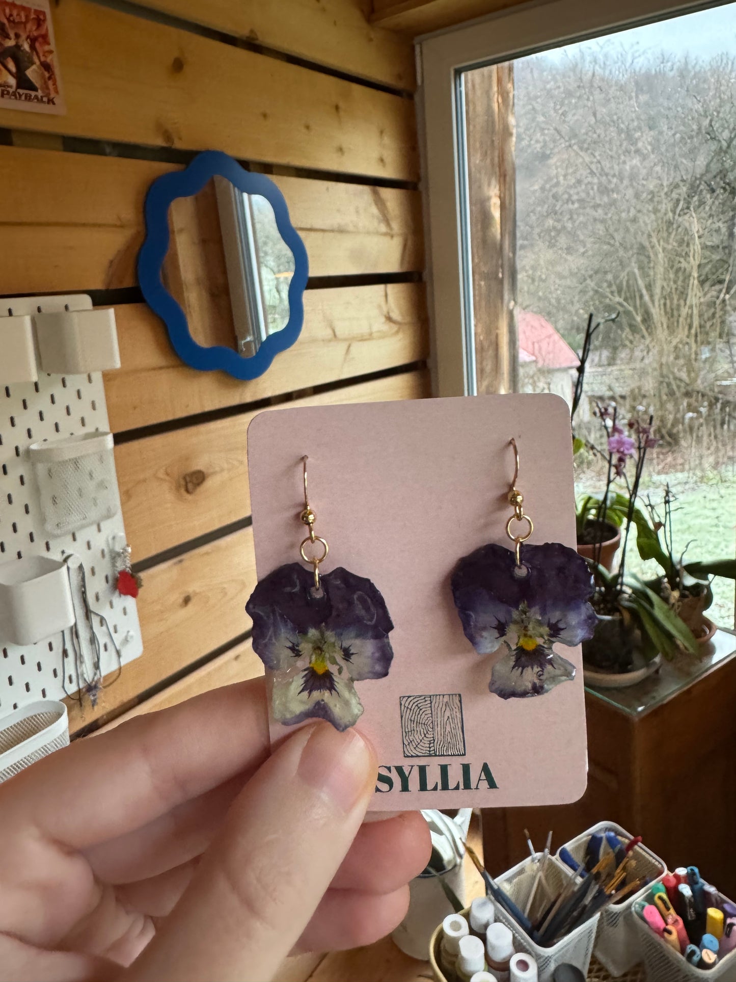 Real pansies earrings Preserved flower in resin Handmade gift for her Unique jewelry