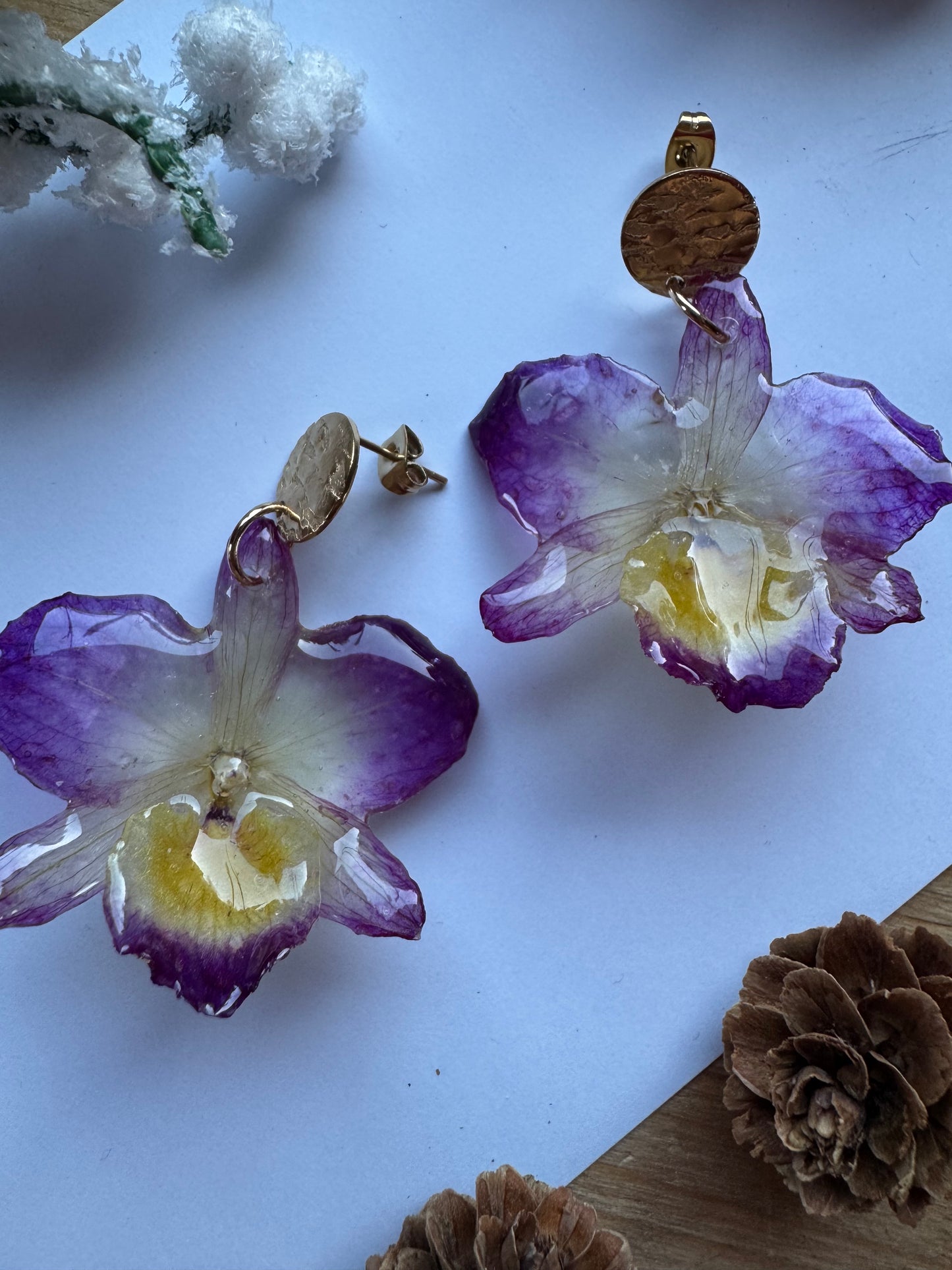 Purple dendrobium orchid earrings