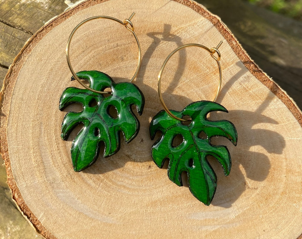 Monstera earrings Hand-painted on Wood Green plants jewelry